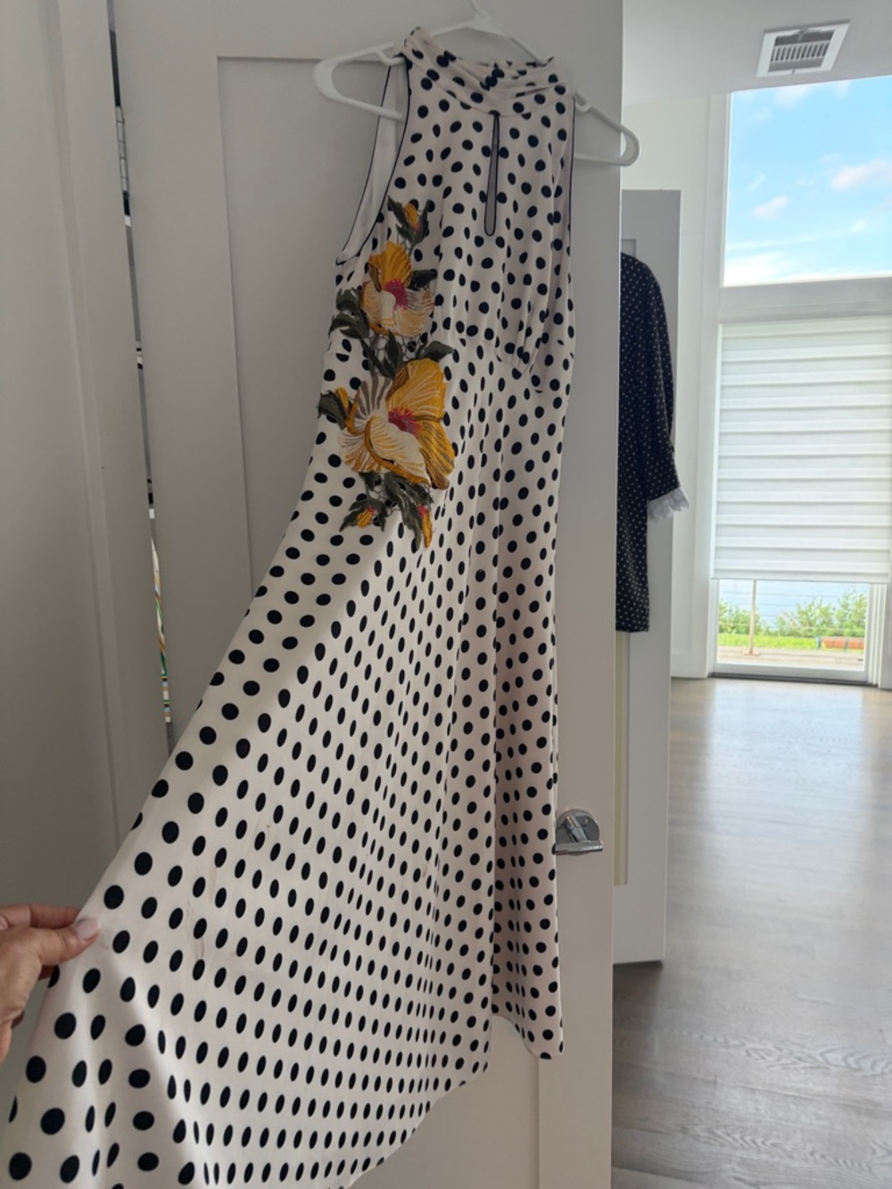 Karen Millen White Polka Dot Midi Dress with Yellow Floral Appliqué